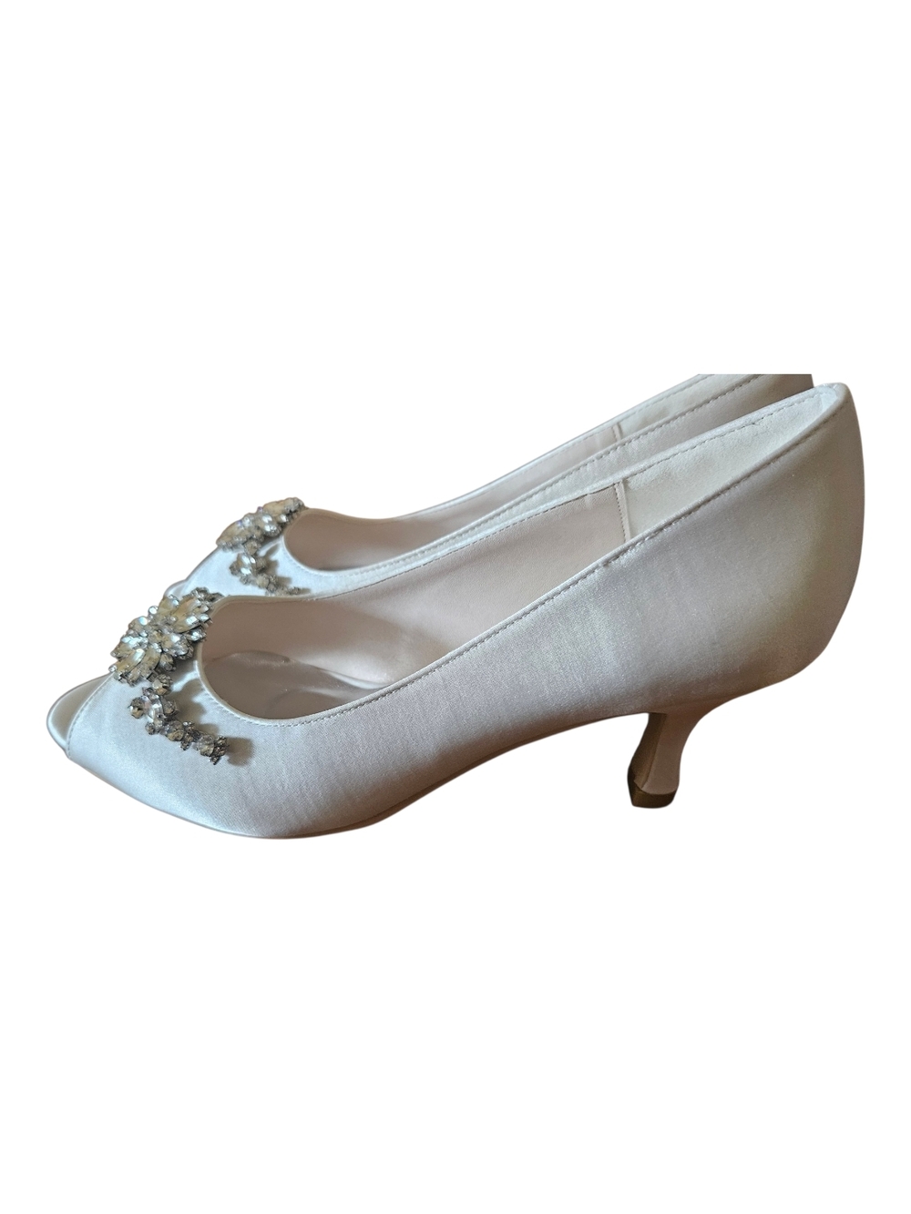 Ivory Satin Peep-Toe Kitten Heel Bridal Pumps with Crystal Motif